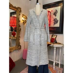 vintage 1980s gray cardigan 80s duster sweater blanket coat belted pockets Q med
